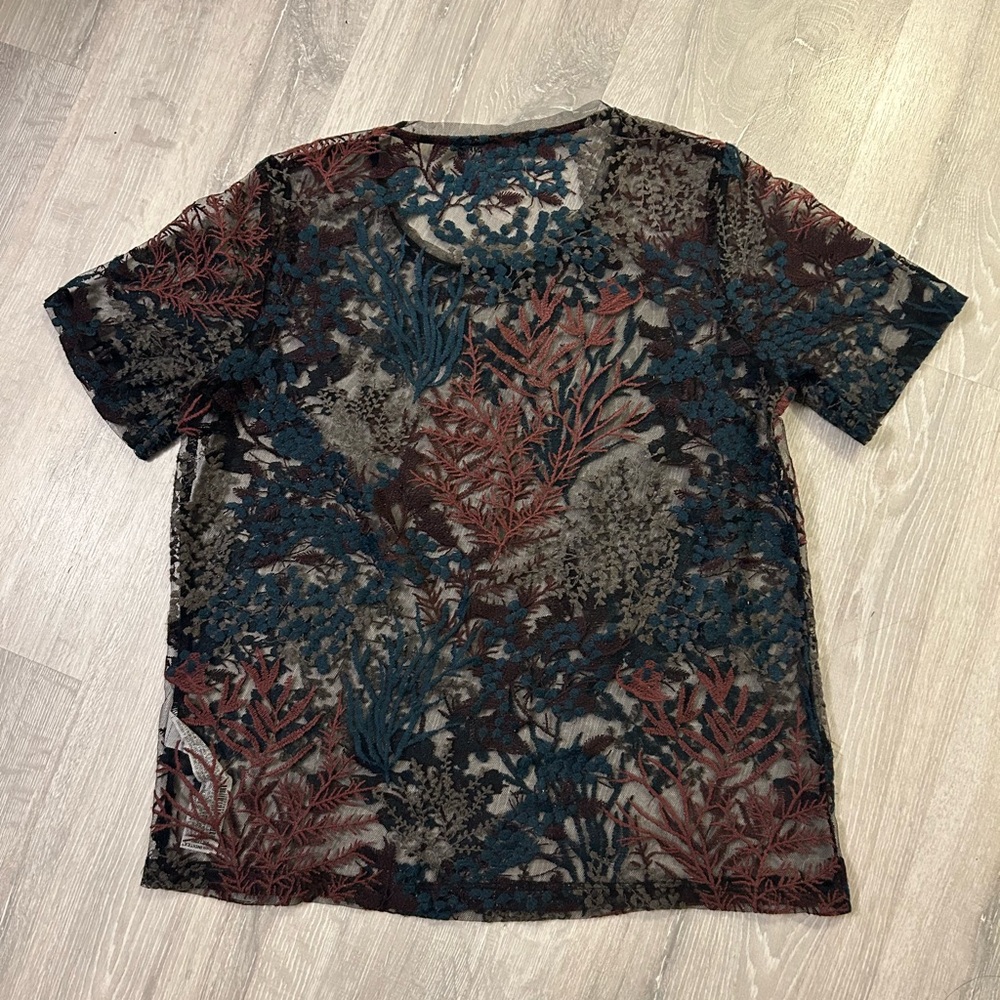 Zara Sz S Women’s Black Mesh Floral Embroidered Tulle Sheer Top - Picture 6 of 10